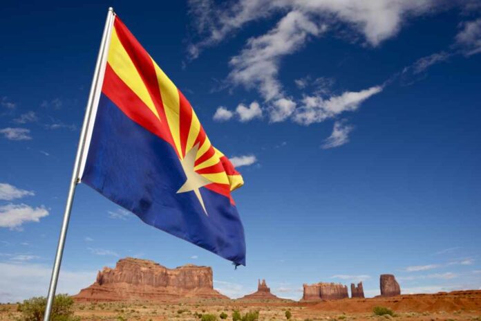Welcome,In,Arizona,-,Arizona,Flag,In,Monuments,Valley,,Az,
