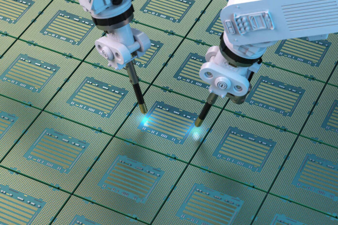 3d,Rendering,Robotic,Arms,With,Chipset,For,Semiconductor,Manufacturing