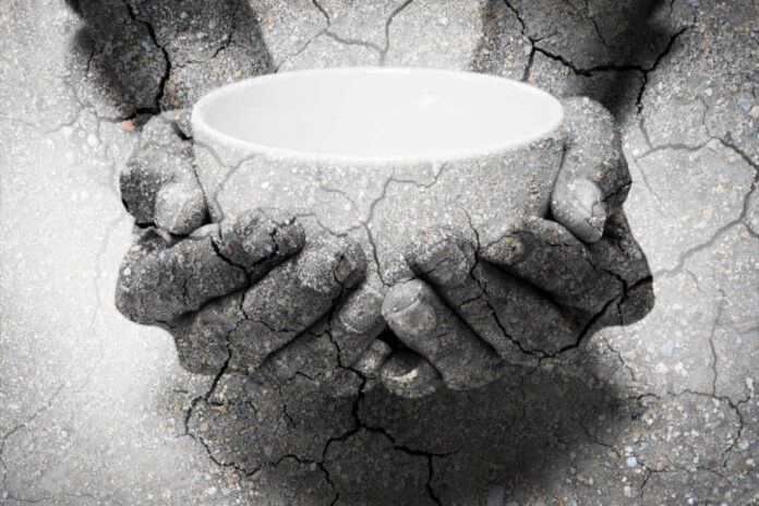 Double,Exposure,Hunger,Begging,Hands,And,Dry,Soil.,Represent,That