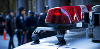 Close-up of a police car with red lights and officers in the background