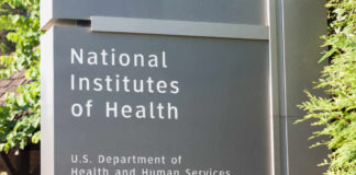 Sign for the National Institutes of Health displaying its affiliation with the U.S. Department of Health and Human Services