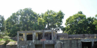 An abandoned military structure surrounded by greenery