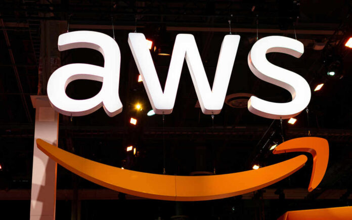 AWS logo displayed prominently at a technology event