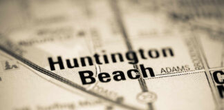Close-up view of a map highlighting Huntington Beach