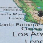 A map of California with a pin marking Santa Barbara
