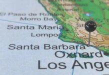 A map of California with a pin marking Santa Barbara