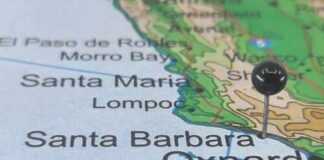 A map of California with a pin marking Santa Barbara