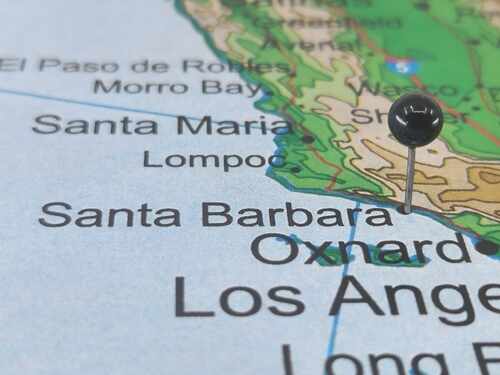 A map of California with a pin marking Santa Barbara