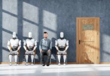 A man sitting between three humanoid robots in a waiting room for a job interview