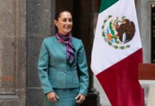 A woman in formal attire stands next to the Mexican flag, smiling at an official event
