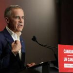 A man delivering a speech at a podium with a sign that reads Canada Strong
