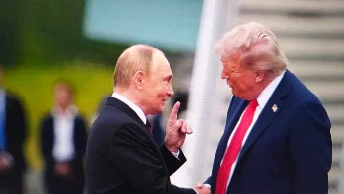 Two political leaders shaking hands during a meeting