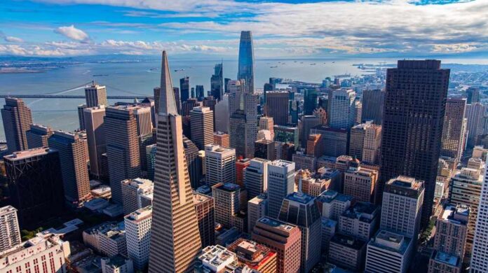 Aerial view of San Francisco skyline with the bay in the background
