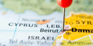 Close-up of a map showing Beirut with a red location pin