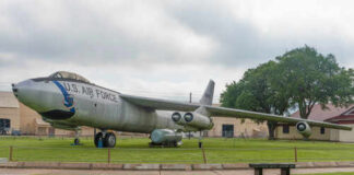 A retired U.S. Air Force aircraft displayed outdoors on a grassy area