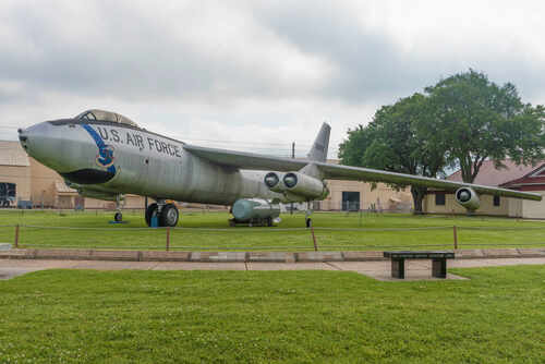 A retired U.S. Air Force aircraft displayed outdoors on a grassy area