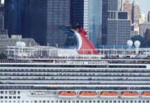 Carnival Horizon cruise ship docked near a city skyline