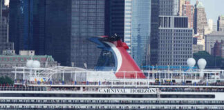 Carnival Horizon cruise ship docked near a city skyline