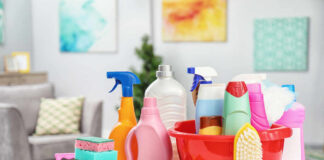 A variety of cleaning supplies arranged around a red bucket