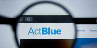 Close-up view of the ActBlue website displayed on a computer screen, magnified