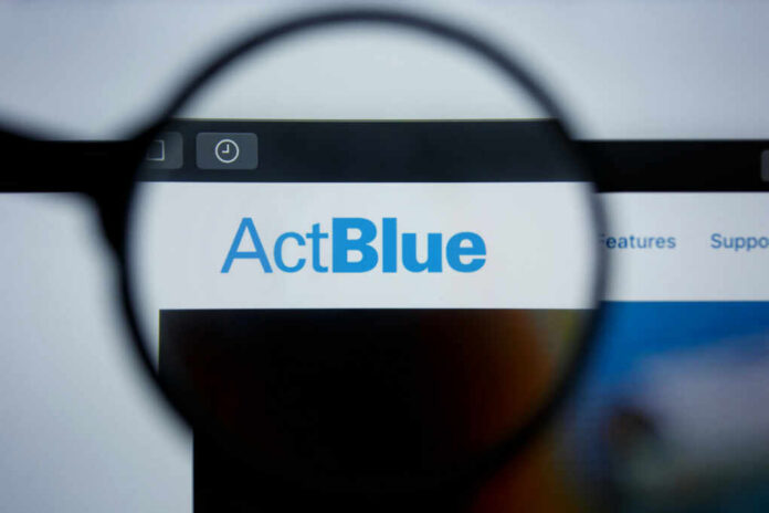 Close-up view of the ActBlue website displayed on a computer screen, magnified