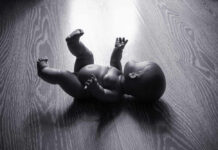 A black and white image of a doll lying on a wooden floor