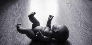 A black and white image of a doll lying on a wooden floor