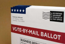 Vote-by-mail ballot with election details and postage information