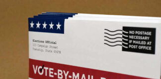 Vote-by-mail ballot with election details and postage information