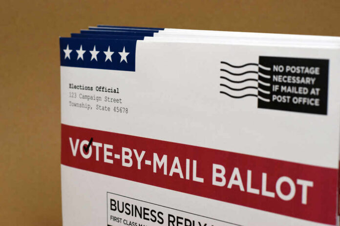 Vote-by-mail ballot with election details and postage information