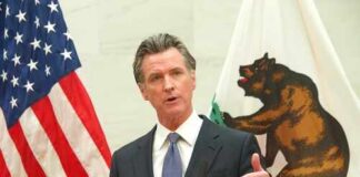 A government official delivering a speech with flags in the background