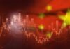 Overlay of Mao Zedong's portrait with stock market graphs and a Chinese flag background