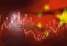 Overlay of Mao Zedong's portrait with stock market graphs and a Chinese flag background