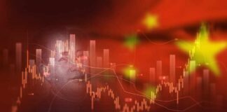 Overlay of Mao Zedong's portrait with stock market graphs and a Chinese flag background