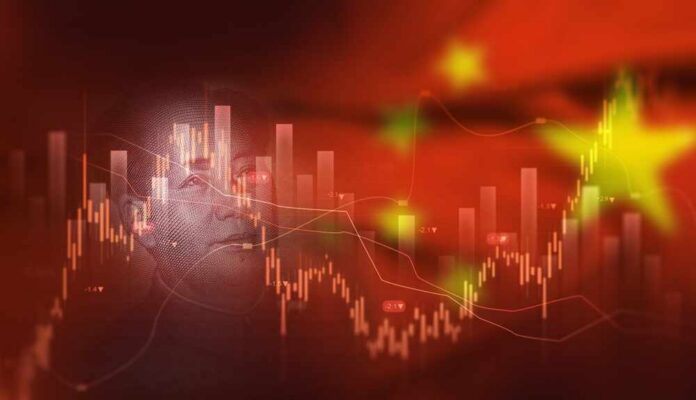 Overlay of Mao Zedong's portrait with stock market graphs and a Chinese flag background