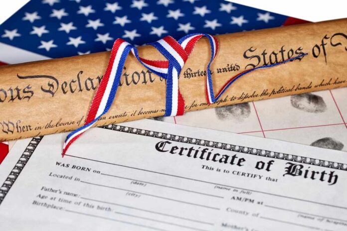 A rolled Declaration of Independence tied with red, white, and blue ribbons next to a birth certificate