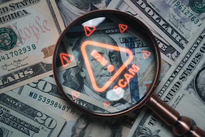 Magnifying glass over U.S. dollar bills with a scam warning