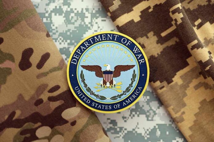 Department of War emblem on camouflage fabric