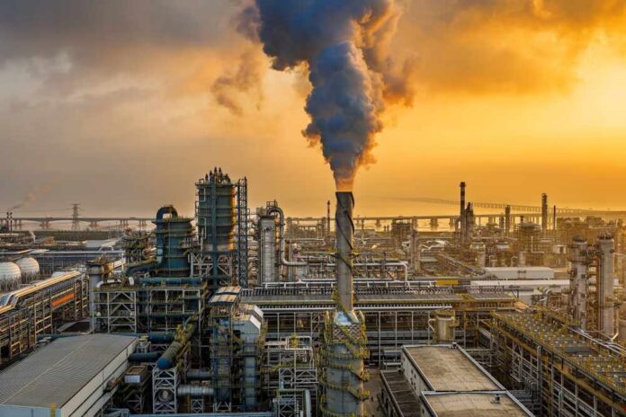 An industrial oil refinery with smoke billowing from a stack at sunset