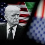 Donald Trump in front of an American flag, displaying a serious expression