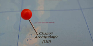 A map showing the Chagos Archipelago with a red pin marking the location