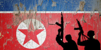 Silhouettes of armed figures in front of a distressed North Korean flag