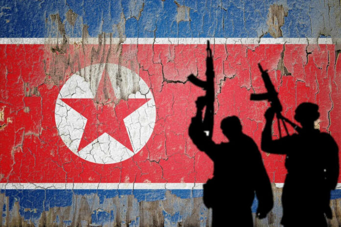 Silhouettes of armed figures in front of a distressed North Korean flag