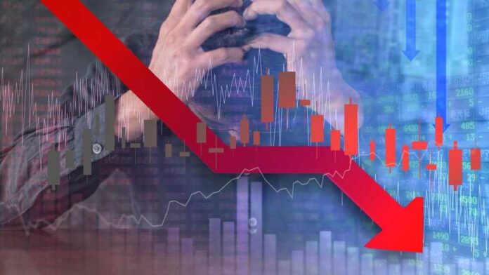 All,World,Stock,Fail,Background,And,Digital,Red,Number,On A stressed businessman holding his head with a downward stock market graph in the background