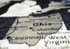 Close-up of a map highlighting the state of Ohio