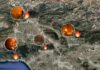 Map showing locations of multiple wildfires in California with fire icons