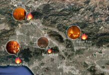 Map showing locations of multiple wildfires in California with fire icons