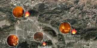 Map showing locations of multiple wildfires in California with fire icons