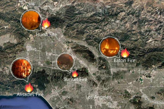 Map showing locations of multiple wildfires in California with fire icons