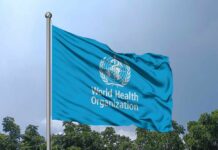 WHO Panic Button Slammed — Help Delayed! Flag of the World Health Organization waving against a blue sky